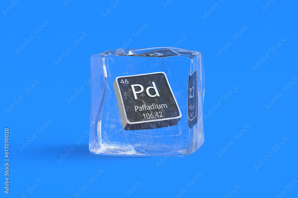 Palladium Pd chemical element of periodic table in ice cube. Symbol of chemistry element. 3d render Palladium Pd chemical element of periodic table in ice cube. Symbol of chemistry element. 3d render