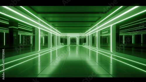 Brightly Illuminated Subway Station or empty parking place Under Green Neon Lights