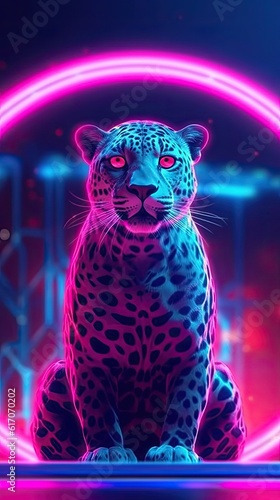 Neon light Cheetah animal on black background. Portrait of glow light animal. Generative AI