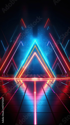An enchanting neon stage adorned with shimmering pyramids of light, casting a mesmerizing glow on the surrounding space. Abstract futuristic neon light background. Generative AI