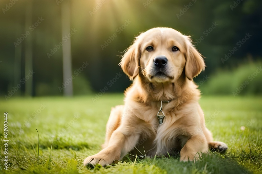 Cute dog is sitting on the meadow with sunshine background made with Generative AI.