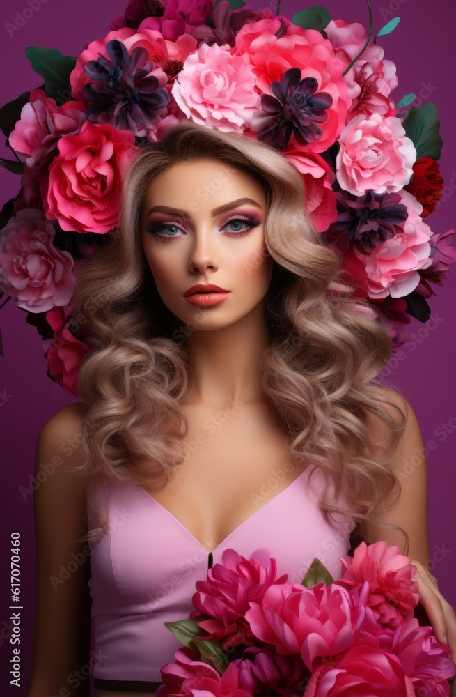 Fictional photo of a beautiful young woman wearing sun glasses with a pink floral crown on her head created with Generative AI technology Fictional photo of a beautiful young woman wearing sun glasses with a pink floral crown on her head created with Generative AI technology
