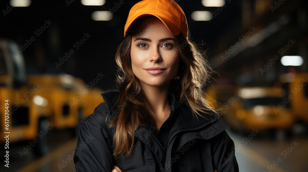 Smiling woman labor worker in industry factory logistic shipping warehouse, dressed in uniform and orange, after a successful good job Smiling woman labor worker in industry factory logistic shipping warehouse, dressed in uniform and orange, after a successful good job