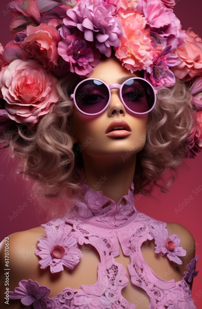 Fictional photo of a beautiful young woman wearing sun glasses with a pink floral crown on her head created with Generative AI technology