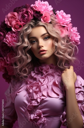 Fictional photo of a beautiful young woman wearing sun glasses with a pink floral crown on her head created with Generative AI technology © AI Visual Vault