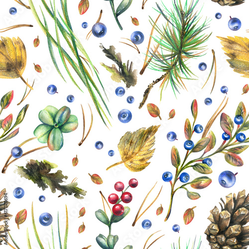 Autumn forest plants, blueberries, lingonberries, cones, leaves, pine needles, moss and grass. Watercolor illustration, hand drawn. Seamless pattern on a white background.