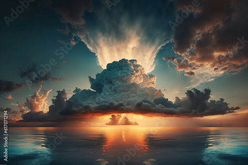 Awe-inspiring scene of a dramatic cloudscape engulfing the sky above the tranquil sea at sunrise. Generative AI.