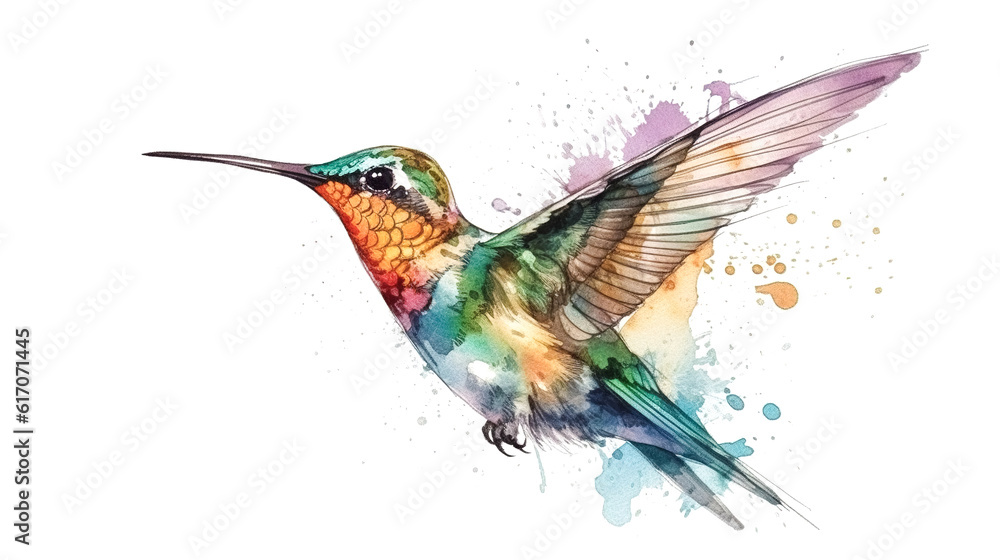 Fototapeta premium Hummingbird bird painted in watercolor, generative AI.