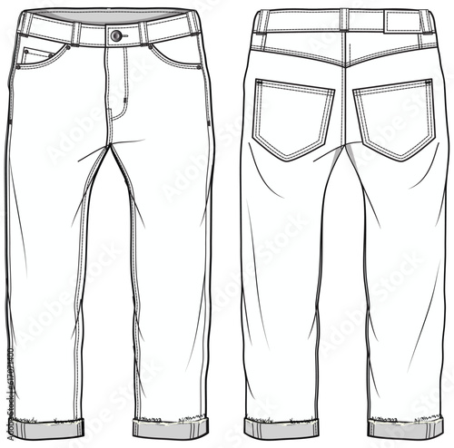 Men's denim jeans trouser pants front and back view flat sketch fashion illustration, five pockets denim pants vector template