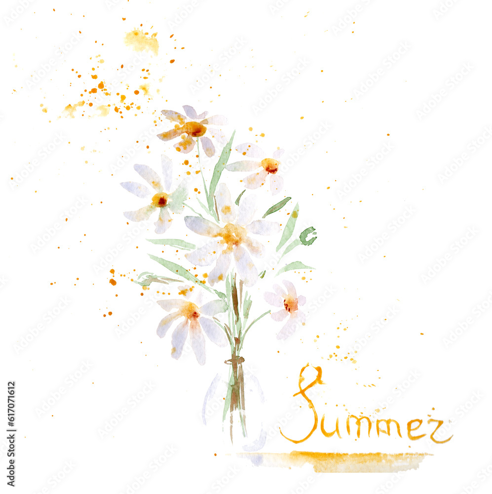 bouquet of watercolor flowers in a vase - daisies. splashes and drips of paint. lettering - summer