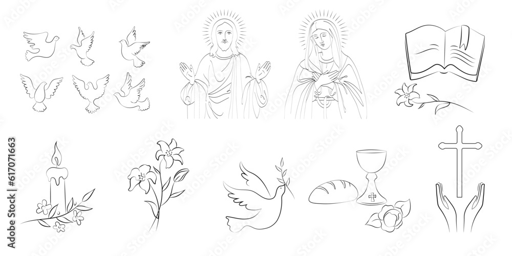 big set of bible symbols -dove, holy communion, cross, chalice and bread, bible, lily, candle and hands ,jesus; madonna- vector illustration