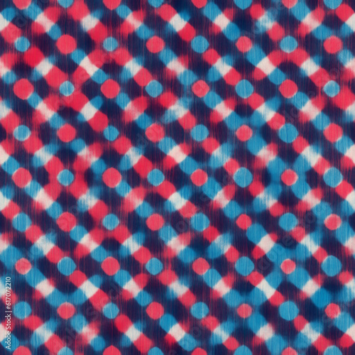 Beige, Tonal Blue and Red Watercolor-Dyed Effect Textured Optical Grid Pattern