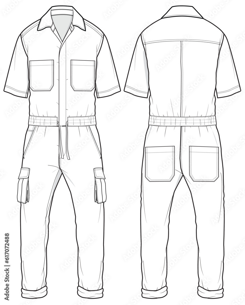 Coveralls flat sketch fashion illustration technical drawing with front