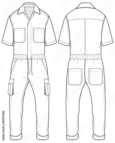 Coveralls flat sketch fashion illustration technical drawing with front and back view, Short sleeve Overalls safety uniform technical drawing sketch vector template