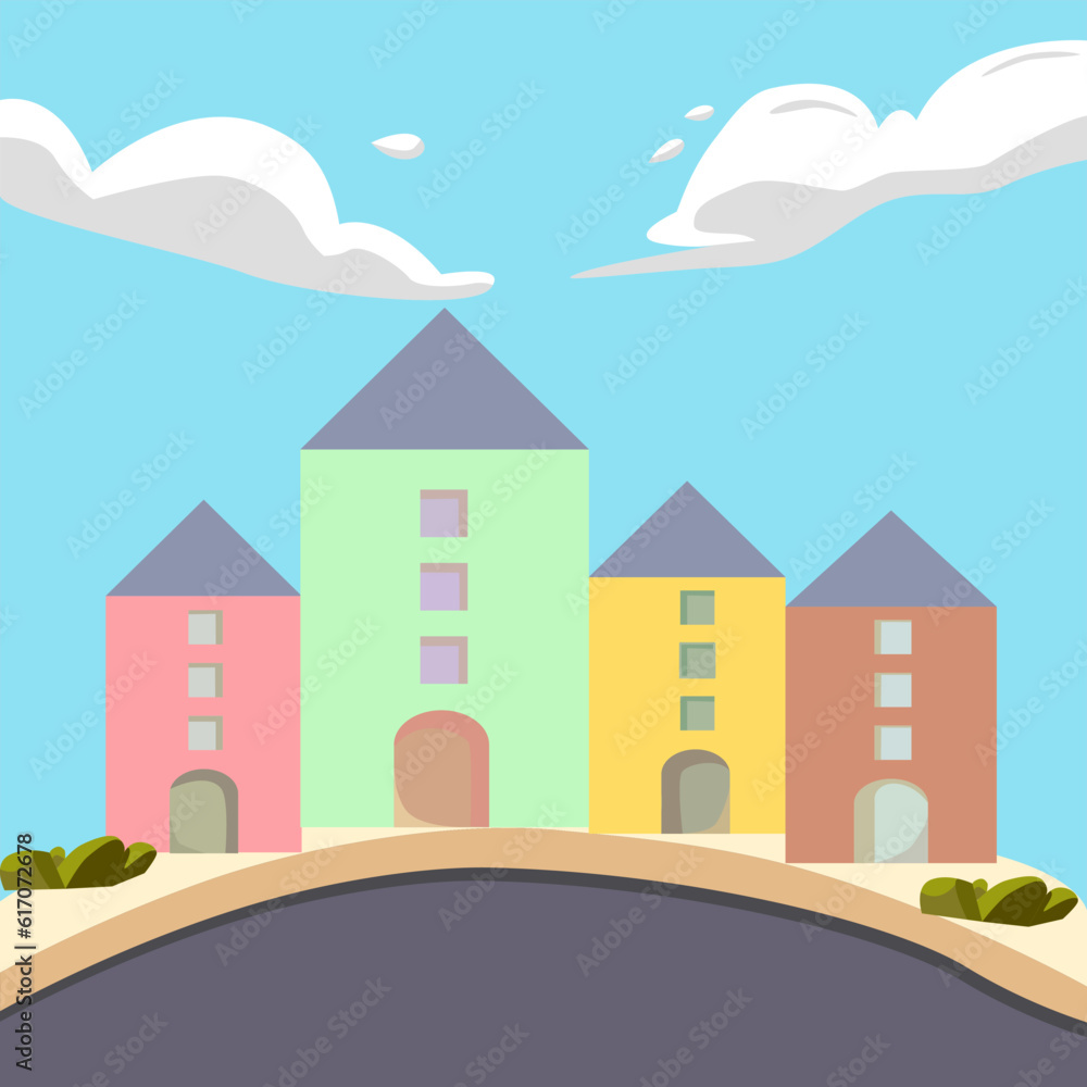 city building houses and sky background real estate cute town concept. flat vector illustration