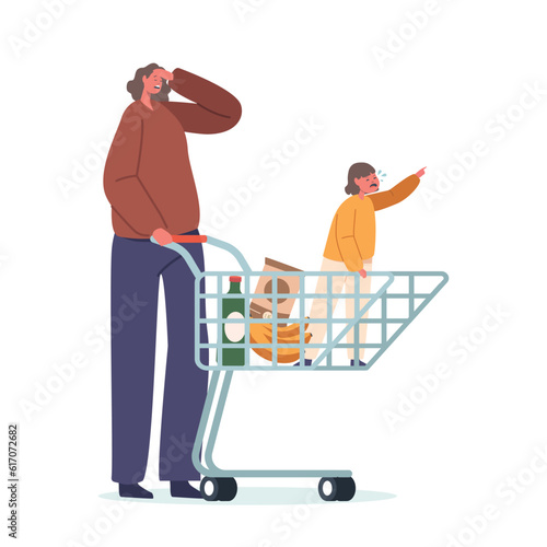 Child Character In A Store Having A Hysterical Outburst, Displaying Intense Emotions Sitting in Supermarket Trolley