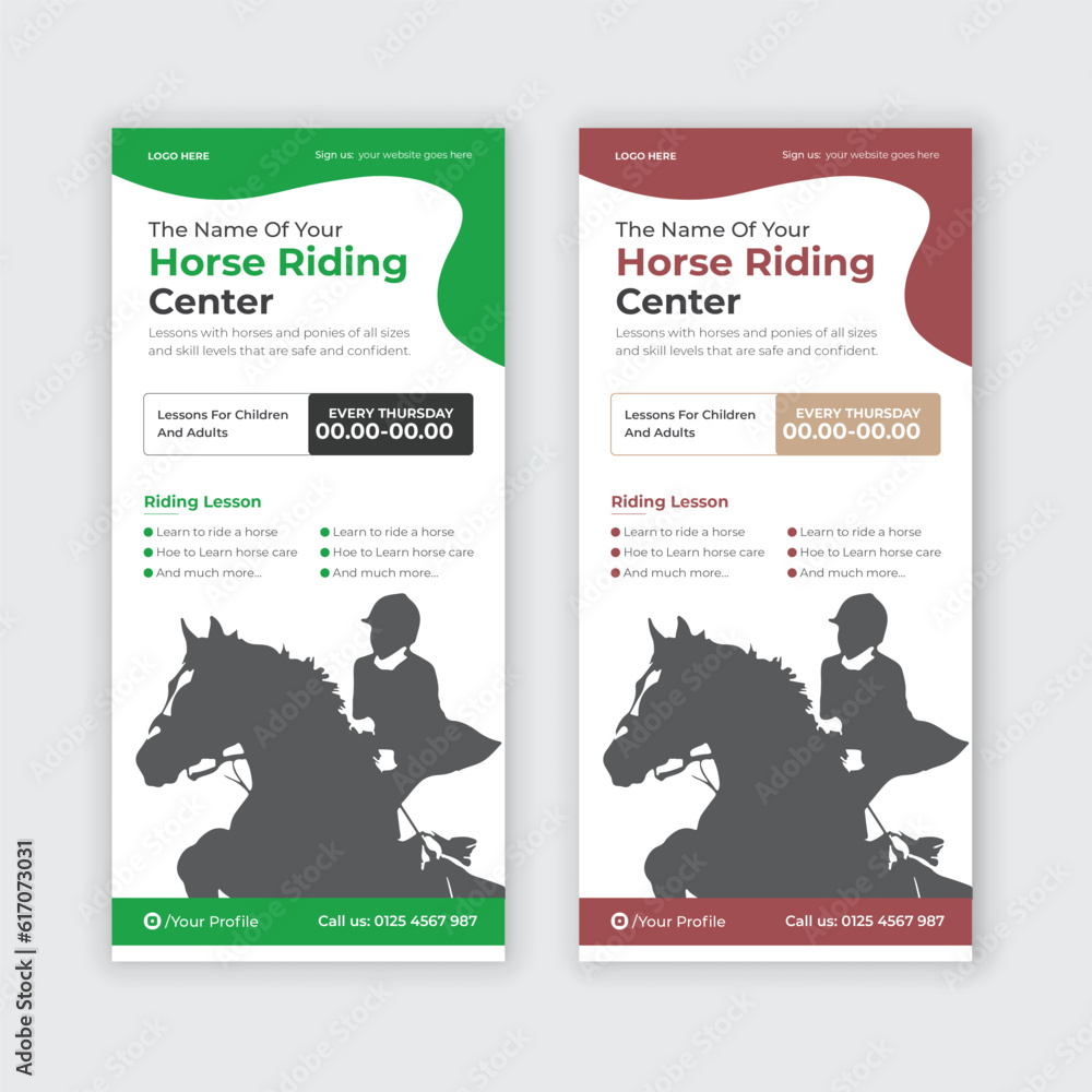 Vetor de Horse riding dl flyer, poster, leaflet, Rack Card template or ...