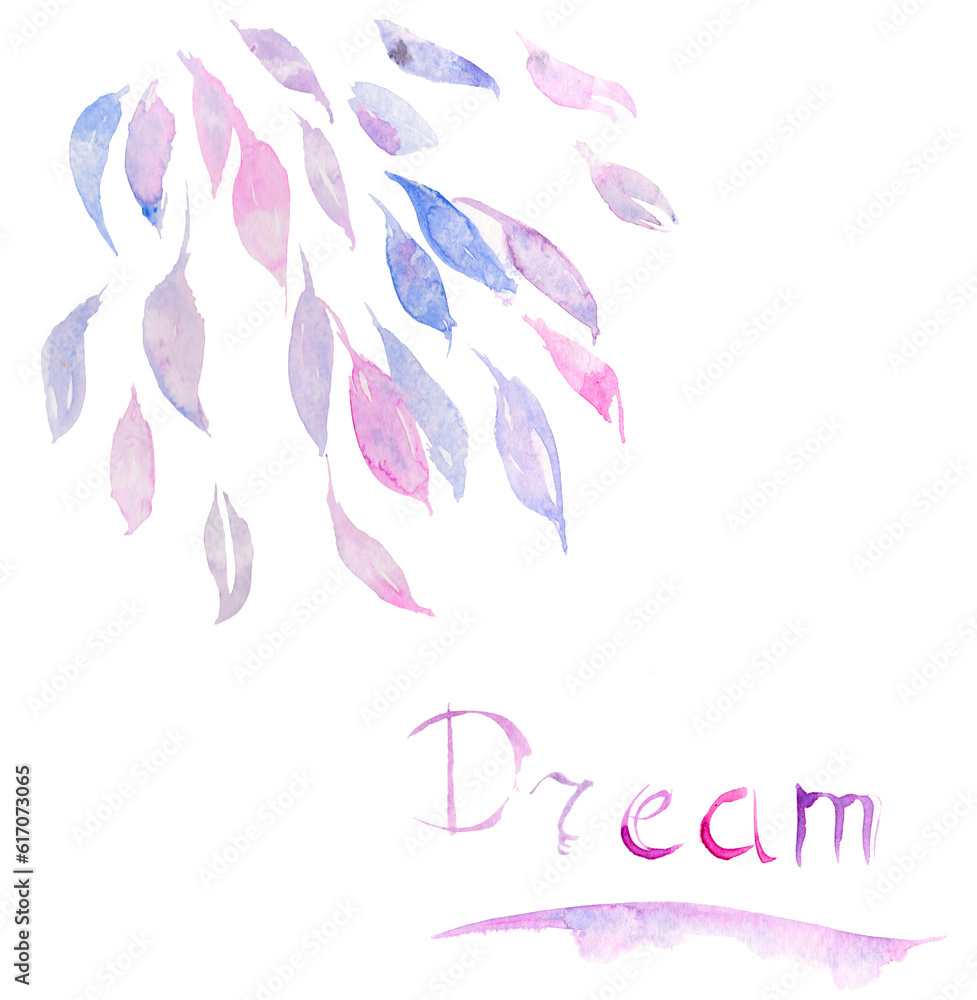 watercolor abstract twig of pink-violet leaves - Dream lettering
