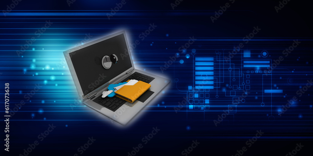 3d rendering Folder on laptop with key protection 3d rendering Folder on laptop with key protection