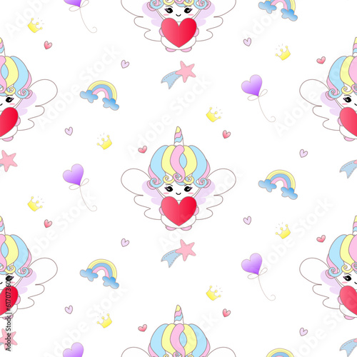 Valentine heart pattern seamless cupid and balloons heart. Unicorn Seamless pattern cupid cartoon character background for card, baby shower, Valentines day, wedding, Mother's Day , Father's Day.