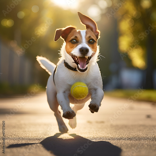 Jack russell terrier dog with tennis ball. Playful happy dog running in the street and playing with a tennis ball. Web banner with copy space. AI generated