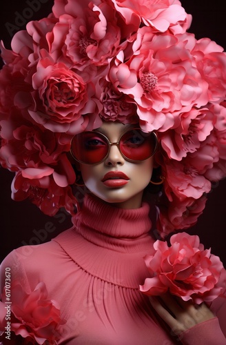 Fictional photo of a beautiful young woman wearing sun glasses with a pink floral crown on her head created with Generative AI technology