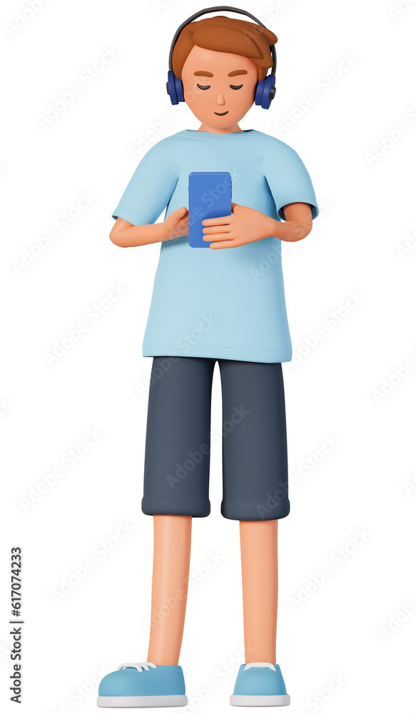 Teenager boy in shorts listening music with earphone on head and hold cell phone 3d illustration