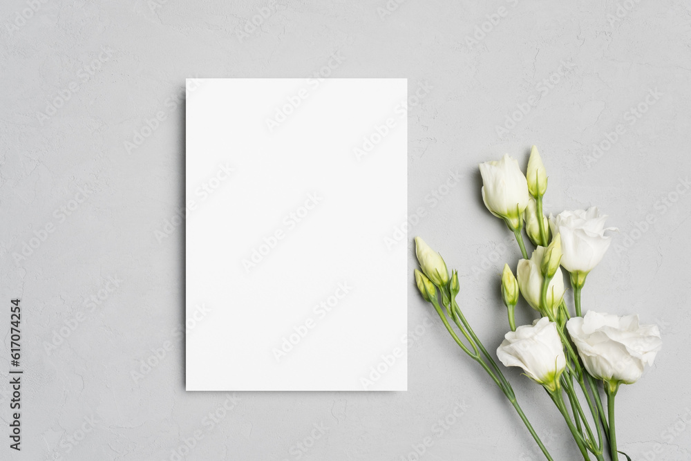 Floral invitation card mockup with eustoma flowers, blank card mock up with copy space Floral invitation card mockup with eustoma flowers, blank card mock up with copy space