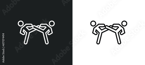 two judo fighters line icon in white and black colors. two judo fighters flat vector icon from two judo fighters collection for web, mobile apps and ui.