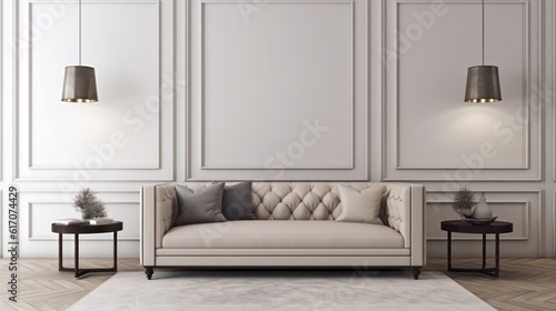 Modern classic interior.Sofa,side tables with lamps.White wall and wooden floor with carpet. 3d rendering © Eli Berr