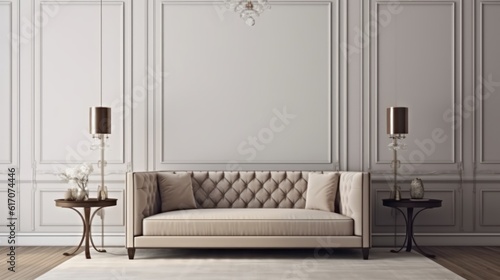 Modern classic interior.Sofa,side tables with lamps.White wall and wooden floor with carpet. 3d rendering