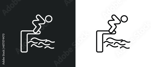 swimming jump line icon in white and black colors. swimming jump flat vector icon from swimming jump collection for web, mobile apps and ui.
