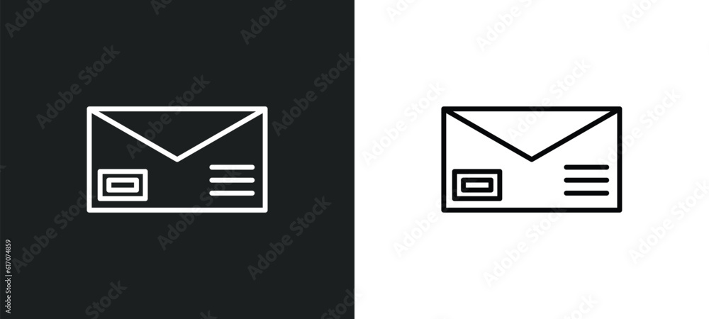 letter with stamp line icon in white and black colors. letter with stamp flat vector icon from letter with stamp collection for web, mobile apps and ui. letter with stamp line icon in white and black colors. letter with stamp flat vector icon from letter with stamp collection for web, mobile apps and ui.