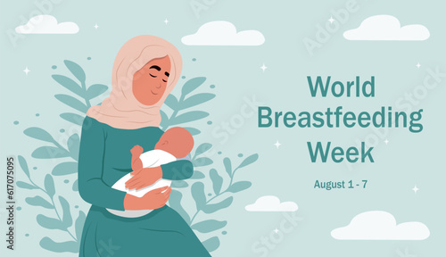 World Breastfeeding Week. August 1-7. Illustration of breastfeeding, a muslim mother breastfeeds a child. Illustrations in cartoon style.