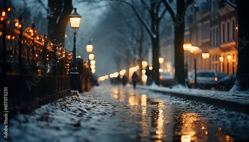 In the style of cinematic, a winter city scene under soft snowfall at dusk. 
