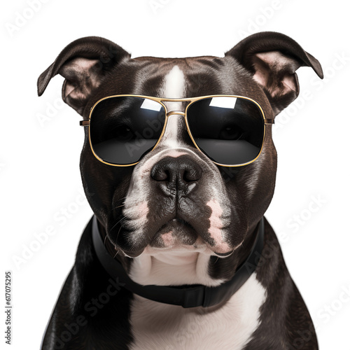 Fotografia Portrait of Bull terrier dog wearing sunglasses isolated on white background