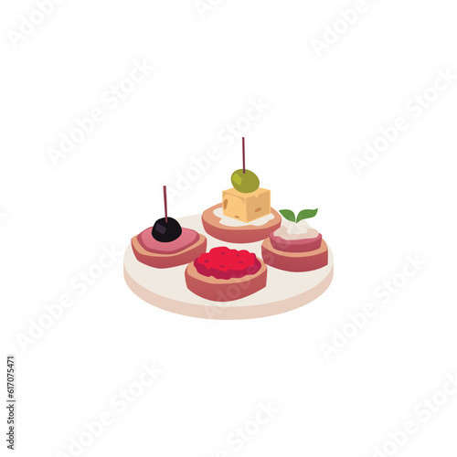 Various tapas on plate flat style, vector illustration