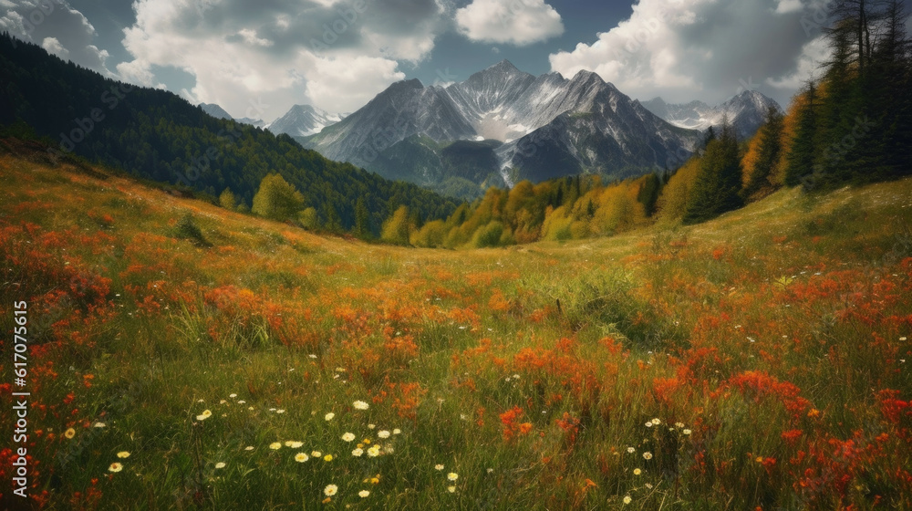 a snowy mountain and a green meadow in the foreground. Generative AI