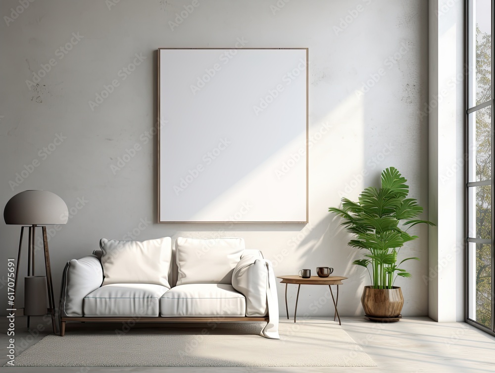 Mock up poster frame in minimalist living room interior background, cement wall,3D render Mock up poster frame in minimalist living room interior background, cement wall,3D render