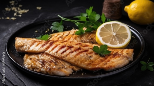 top shot of a grilled fish with lemon wedges. Generative AI
