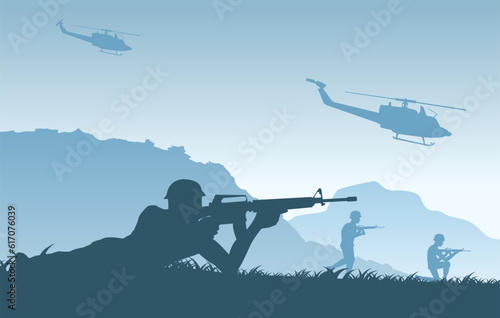 Silhouette design of guard soldier standing and hold gun at the border