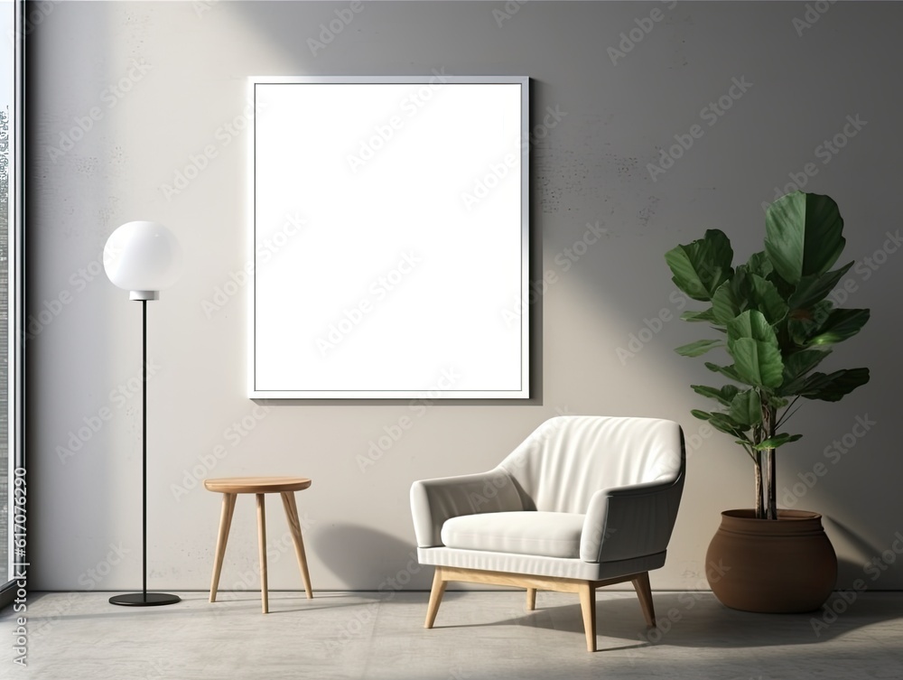 Fototapeta premium Mock up poster frame in minimalist living room interior background, cement wall,3D render