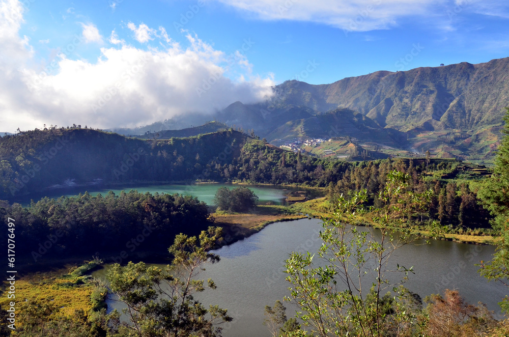 Telaga Warna Lake & Pengilon Lake at Dieng Plateau with blue sky