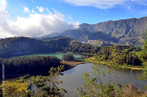 Telaga Warna Lake & Pengilon Lake at Dieng Plateau with blue sky