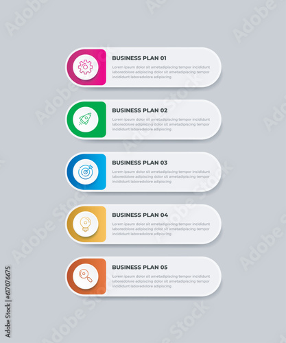 Business infographic design template with icons and 5 options or steps. Can be used for workflow, presentation, etc. Vector illustration