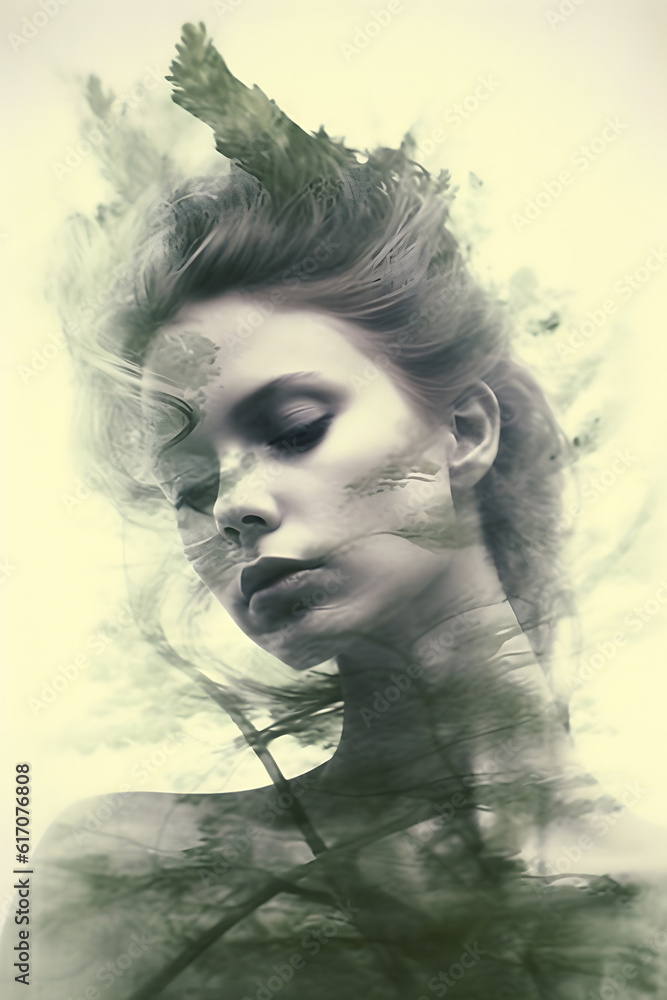 A high-key monochromatic artistic portrait of a woman in the foreground is complemented by a double exposure featuring elements of nature in the background.