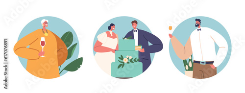 Isolated Round Icons with Wedding Characters. Bride And Groom Cut Their Cake Together, Symbolizing Their Unity