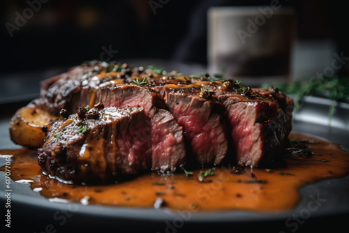 Selective Focus Photography of Beef Steak with Sauce, Generative AI