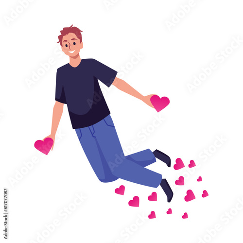 Happy young man flying with hearts flat style, vector illustration