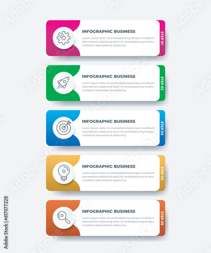 Business infographic design template with icons and 5 options or steps. Can be used for workflow, presentation, etc. Vector illustration